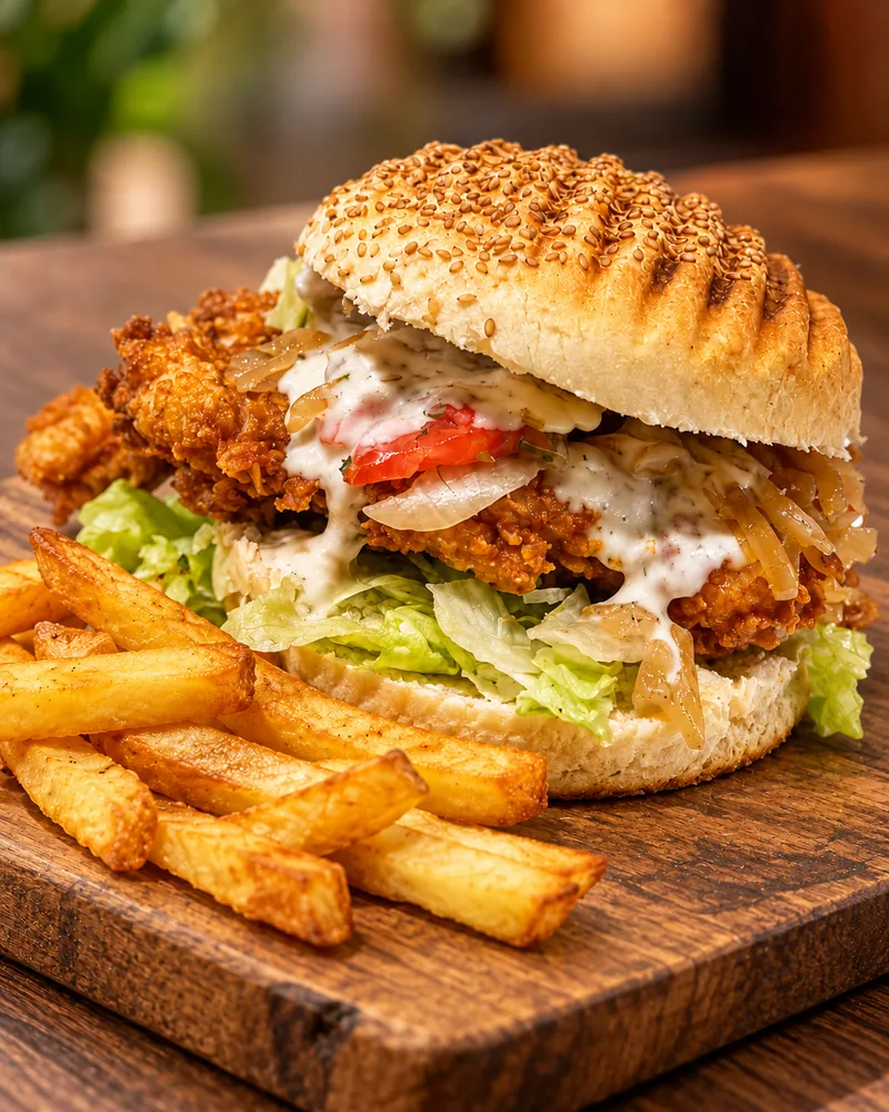 Crispy Chicken: hamburger con petto di pollo crispy, salsa yogurt, pomodoro, cipolla in agrodolce e iceberg