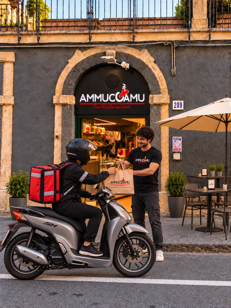 Il fattorino di Ammuccamu in scooter ritira il sacchetto dell'ordine davanti al locale di Via Etnea