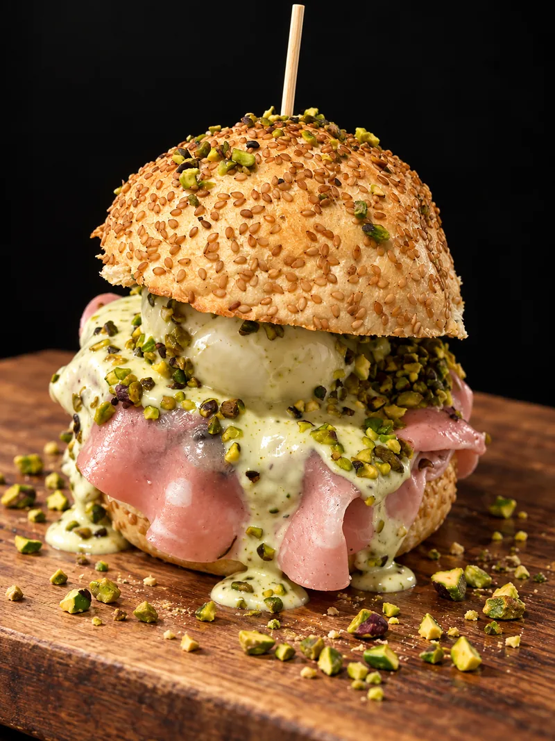Panino con mortadella, crema e granella di pistacchio