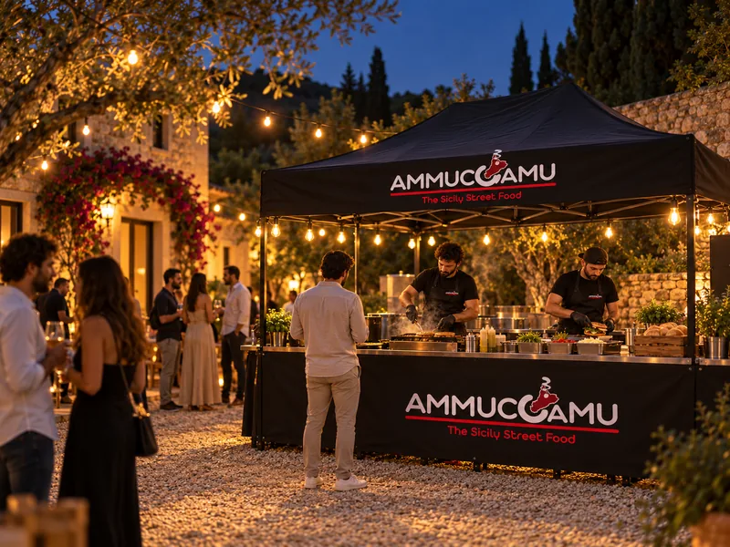 Lo stand Ammuccamu con il tendone brandizzato allestito per una festa all'aperto, con lo staff che prepara i panini